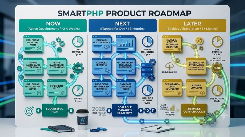 Product roadmap Now Next Later board for software product planning