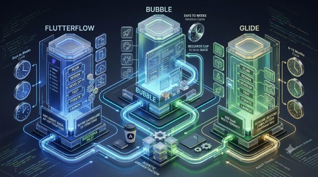 No-code platforms Bubble FlutterFlow and Glide for building software products