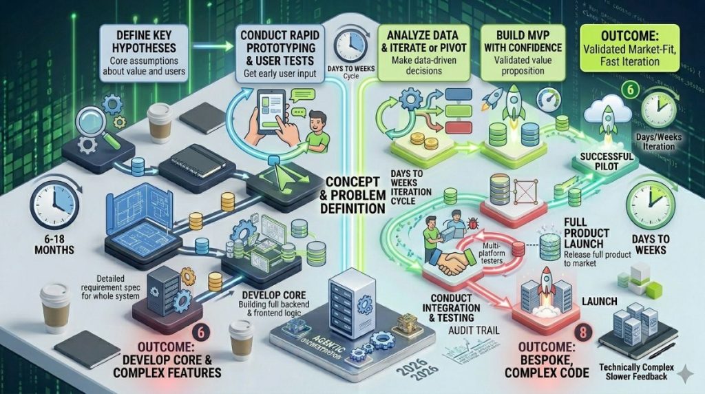 Diagram comparing validate-first vs build-first software product approaches