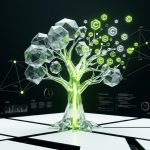 A semi-transparent crystalline tree composed of faceted geometric polygons, its upper branches fragmenting into luminous floating hexagonal carbon credit tokens and data-flow nodes, set against a clean white background with deep black structural lines.