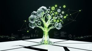 A semi-transparent crystalline tree composed of faceted geometric polygons, its upper branches fragmenting into luminous floating hexagonal carbon credit tokens and data-flow nodes, set against a clean white background with deep black structural lines.