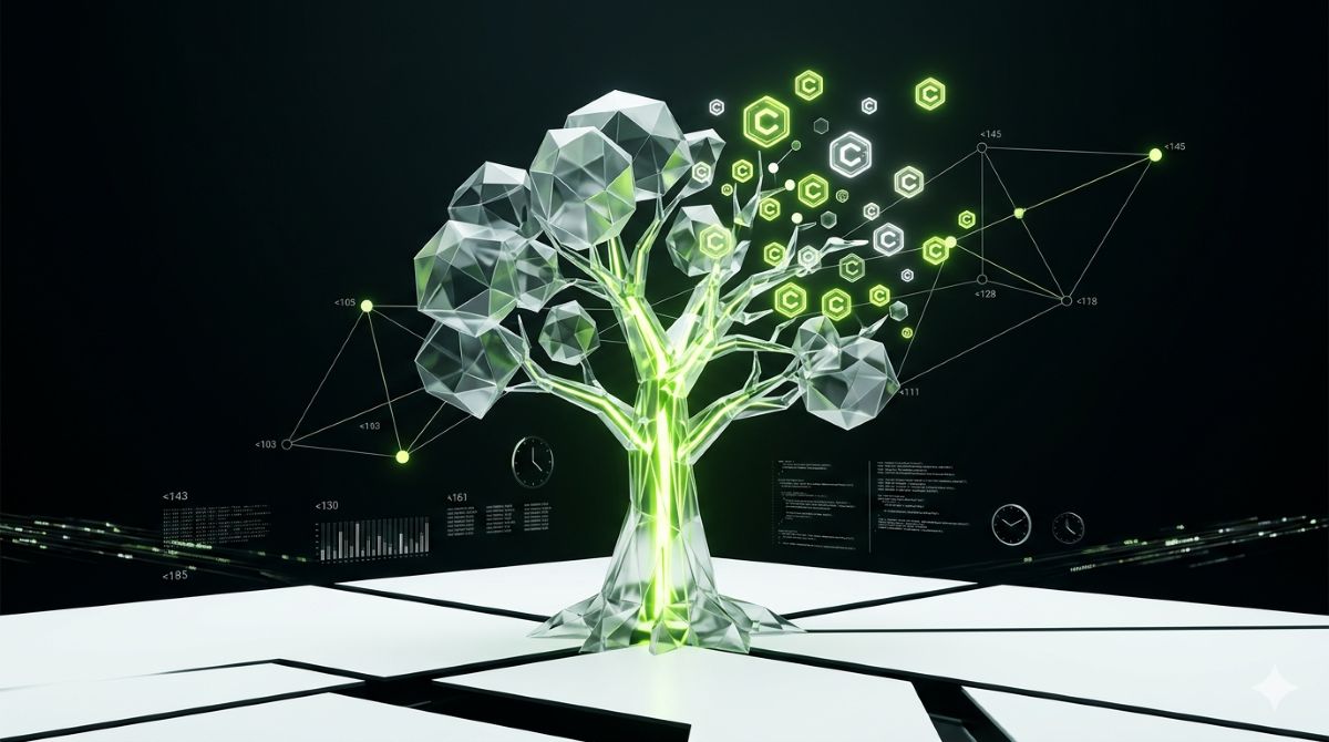 A semi-transparent crystalline tree composed of faceted geometric polygons, its upper branches fragmenting into luminous floating hexagonal carbon credit tokens and data-flow nodes, set against a clean white background with deep black structural lines.