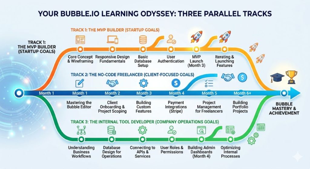Bubble learning path timeline for MVP, freelance, and internal tool goals