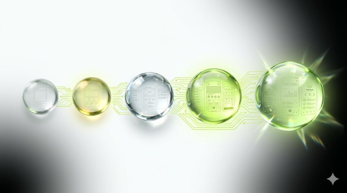 A digital learning path rendered as a series of translucent glass spheres connected by glowing circuits, progressing from a small rough sphere at the far left to a polished, fully-lit sphere at the far right, each sphere engraved with a faint UI wireframe