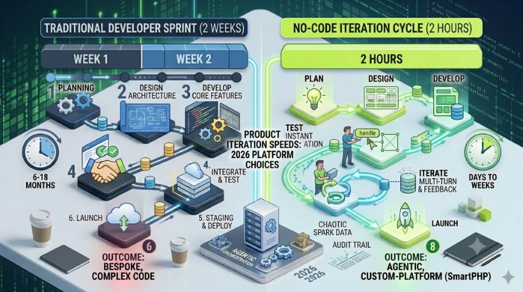 Developer sprint versus no-code iteration speed comparison chart