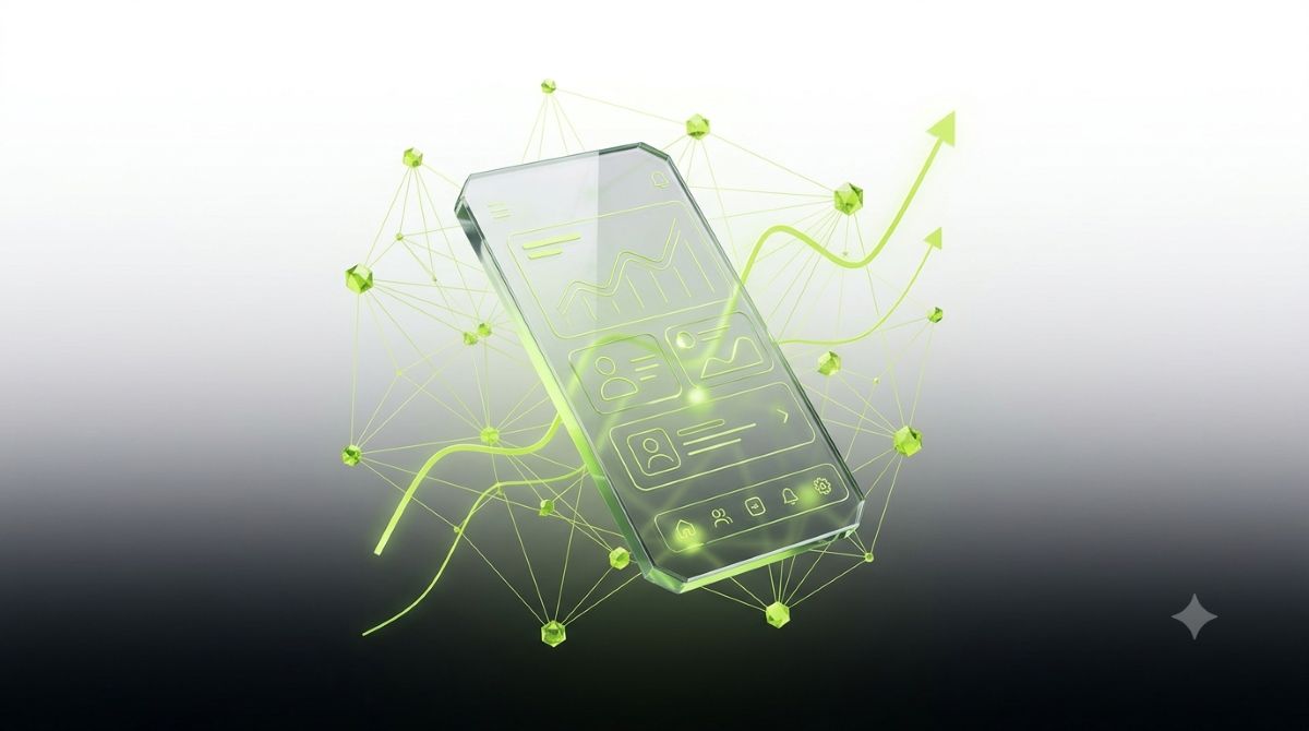 A stylised 3D render of a floating mobile app interface screen surrounded by interconnected crystalline data nodes and upward growth curve lines