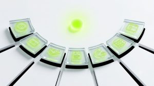 Seven translucent glass platform tiles arranged in a curved arc, each subtly engraved with a different industry icon (currency symbol, briefcase, handshake, resume, logistics arrow, database grid, notebook), all converging toward a central glowing lime green node