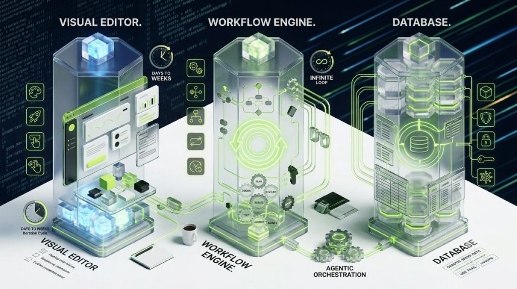 Bubble.io three core components diagram: visual editor, workflow engine, database