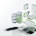 A set of translucent geometric interface blocks, representing UI components, database nodes, and workflow connectors — arranged in a clean, structured formation as if being assembled by design, floating above a white ground plane