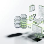 A set of translucent geometric interface blocks, representing UI components, database nodes, and workflow connectors — arranged in a clean, structured formation as if being assembled by design, floating above a white ground plane