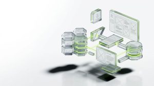 A set of translucent geometric interface blocks, representing UI components, database nodes, and workflow connectors — arranged in a clean, structured formation as if being assembled by design, floating above a white ground plane