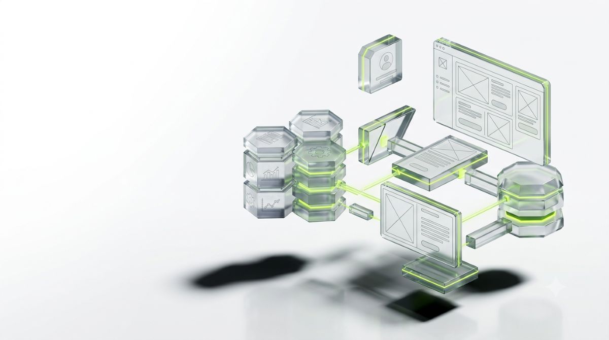 A set of translucent geometric interface blocks, representing UI components, database nodes, and workflow connectors — arranged in a clean, structured formation as if being assembled by design, floating above a white ground plane
