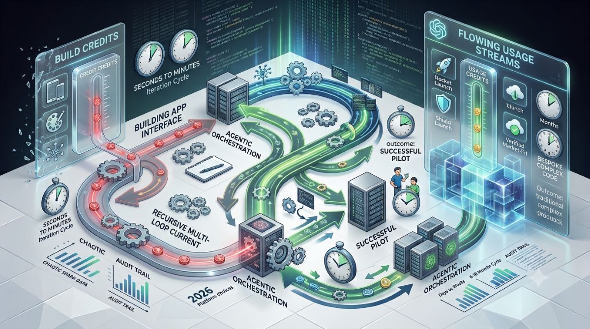 Two translucent glass credit-meter gauges side by side — one draining into a building app-interface panel, one draining into flowing usage streams — visualising the dual-credit system