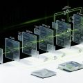 Three larger geometric platform cards subtly indicate Free, Pro Lite, Pro Standard, and Pro Plus through increasing complexity rather than text, with floating translucent UI elements including contact forms, custom domain indicators, analytics charts, templates, and automation workflow nodes arranged in a clean hierarchy.