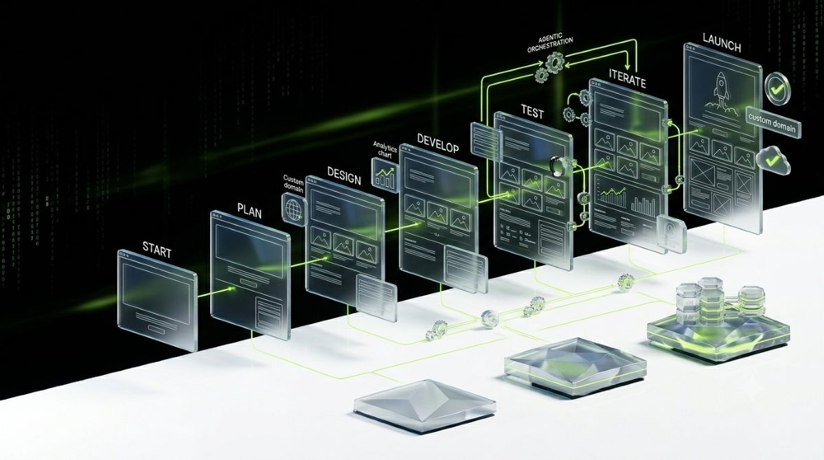 Three larger geometric platform cards subtly indicate Free, Pro Lite, Pro Standard, and Pro Plus through increasing complexity rather than text, with floating translucent UI elements including contact forms, custom domain indicators, analytics charts, templates, and automation workflow nodes arranged in a clean hierarchy.