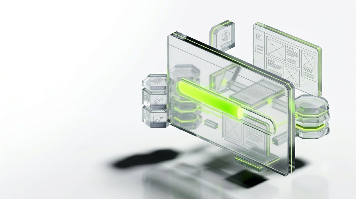 A translucent glass-like floating application-builder panel with a luminous horizontal credit meter draining from full to partial across its surface, surrounded by faint crystalline data-block structures representing app components, rendered in semi-realistic 3D concept-art style