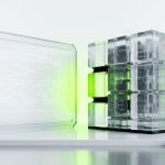 Two balanced translucent platform structures representing a Webflow and WordPress comparison