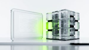 Two balanced translucent platform structures representing a Webflow and WordPress comparison