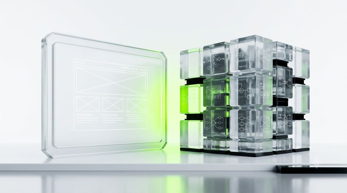 Two balanced translucent platform structures representing a Webflow and WordPress comparison