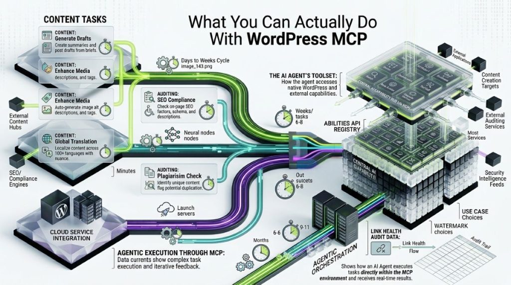 Content, auditing, and diagnostic tasks an AI agent can perform through MCP