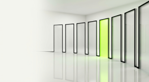 Eight tall translucent glass doorways arranged in a gentle curved row on a clean reflective white floor, seven of them clear and softly frosted, one glowing with lime green