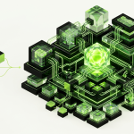 A sophisticated 3D conceptual illustration of a modern AI-powered application being built from interconnected modular components, with a central glowing crystalline AI core connected to multiple layers representing plugins, APIs, databases, automation workflows, and custom AI models.