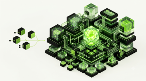 A sophisticated 3D conceptual illustration of a modern AI-powered application being built from interconnected modular components, with a central glowing crystalline AI core connected to multiple layers representing plugins, APIs, databases, automation workflows, and custom AI models.