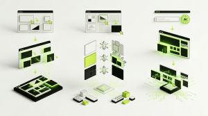 A clean, premium 3D illustration representing a beginner-friendly comparison of three AI website-building platforms. Show three distinct modern website-building workspaces arranged side by side, each evolving from a simple drag-and-drop interface into an intelligent AI-powered website structure