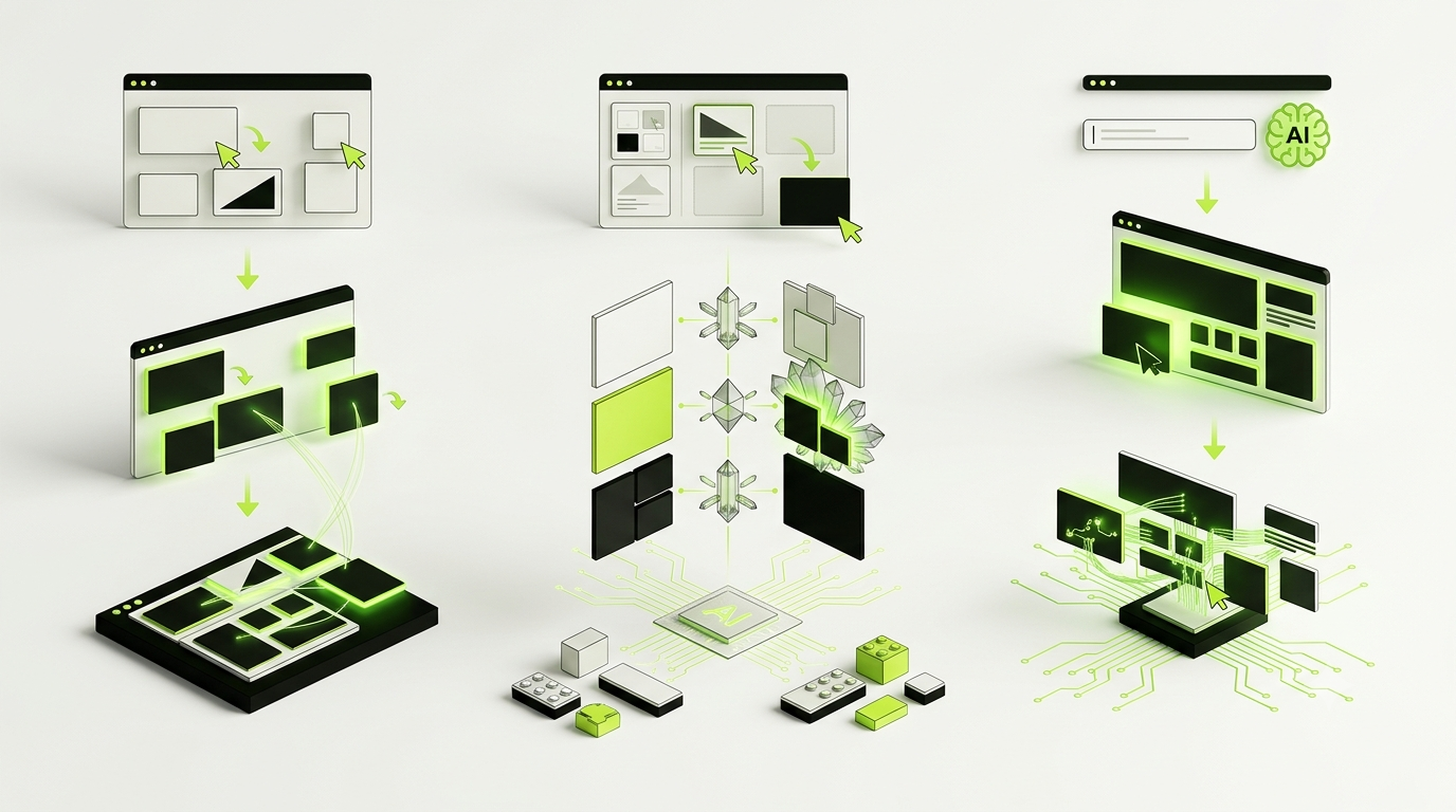 A clean, premium 3D illustration representing a beginner-friendly comparison of three AI website-building platforms. Show three distinct modern website-building workspaces arranged side by side, each evolving from a simple drag-and-drop interface into an intelligent AI-powered website structure