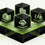 A sophisticated 3D visualization of a modern VPS hosting environment, showing a powerful physical server divided into several isolated virtual server compartments, each containing glowing website, database, cloud, and application components