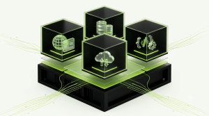 A sophisticated 3D visualization of a modern VPS hosting environment, showing a powerful physical server divided into several isolated virtual server compartments, each containing glowing website, database, cloud, and application components