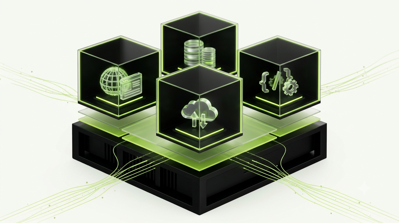 A sophisticated 3D visualization of a modern VPS hosting environment, showing a powerful physical server divided into several isolated virtual server compartments, each containing glowing website, database, cloud, and application components