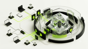 A sophisticated 3D conceptual illustration of a Zero Trust Security architecture, featuring a central secure digital environment surrounded by multiple layers of identity verification, access control, device authentication, and continuous monitoring