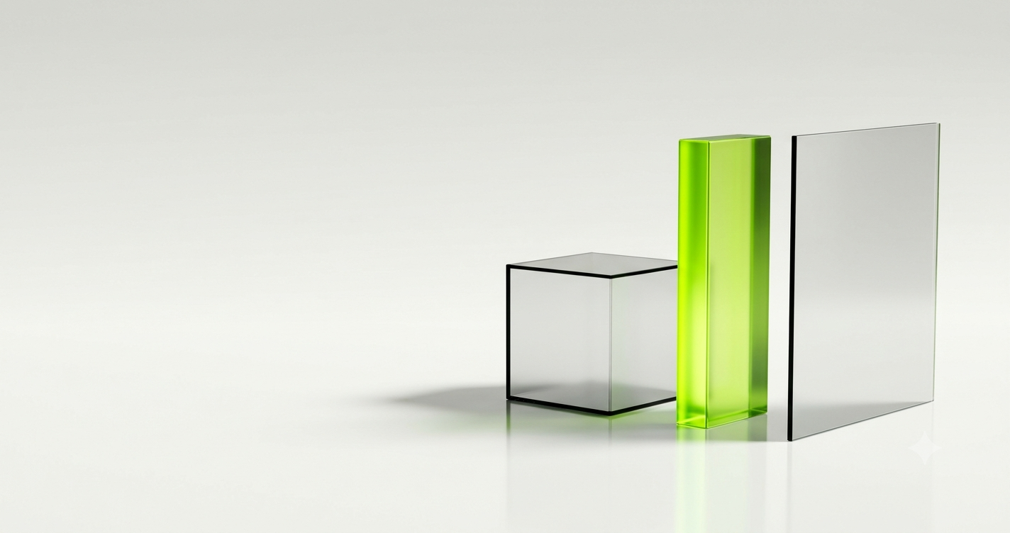 Three translucent glass objects of different shapes standing in a row on a clean reflective white floor: a solid cube, a tall narrow slab, and a thin wide sheet, two of them clear and softly frosted, one glowing with lime green