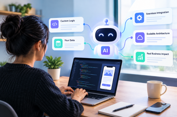 Developer building a smart AI-powered app with custom logic and advanced integrations on a laptop.